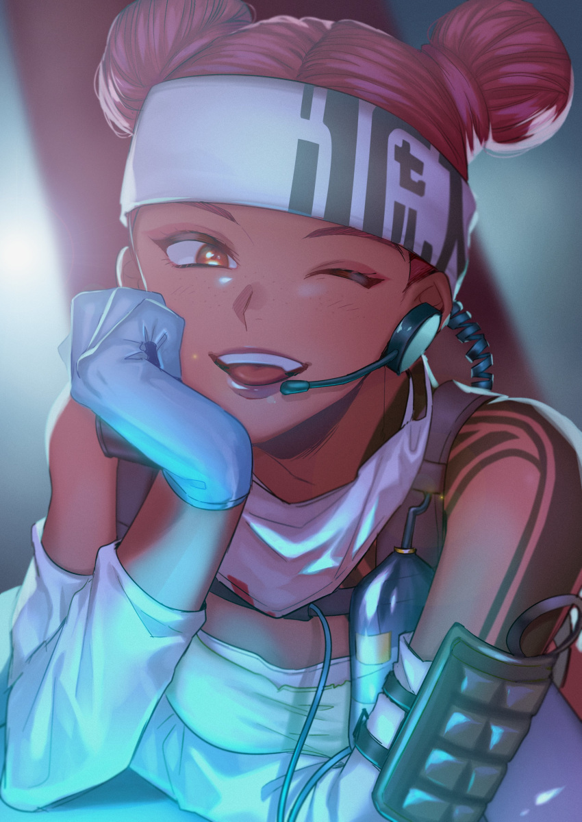 1girl, ;d, absurdres, apex_legends, bare_shoulders, blue_gloves, blush, breasts, brown_hair, cable, coiled_cord, collarbone, commentary, dark_skin, detached_sleeves, double_bun, eyelashes, eyeliner, gloves, half-closed_eye, headband, headset, highres, intravenous_drip, lifeline_(apex_legends), looking_at_viewer, makeup, mascara, medic, one_eye_closed, open_mouth, pink_hair, purple_lips, short_hair, shoulder_tattoo, smile, solo, tattoo, unkcncnd, upper_body, upper_teeth, white_headband
