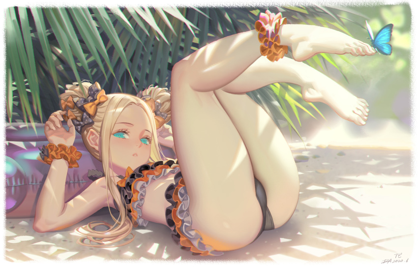 1girl, abigail_williams_(fate/grand_order), alphonse_(white_datura), ankle_scrunchie, bangs, bare_shoulders, barefoot, bikini