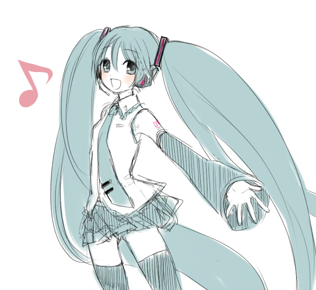fumii, green, hatsune_miku, monochrome, musical_note, sketch, spot_color, thigh-highs