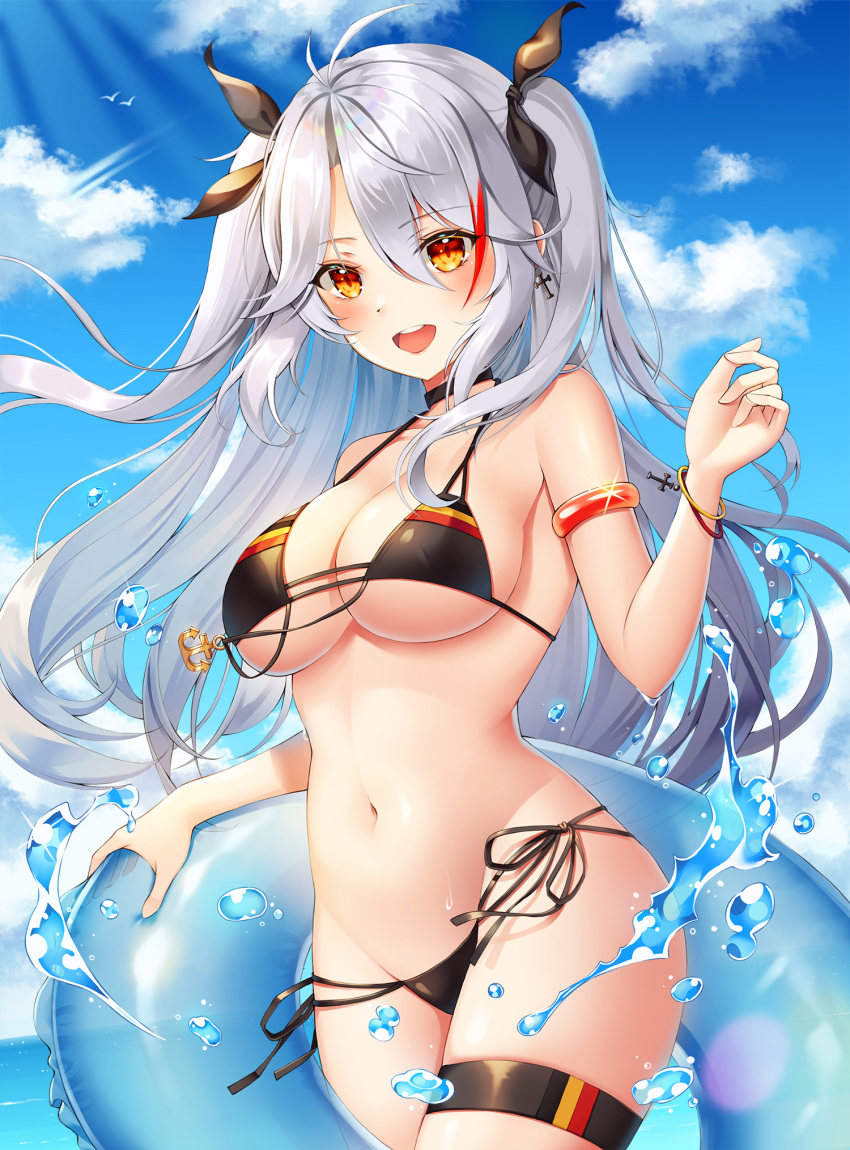 1girl, antenna_hair, azur_lane, bangs, bikini, black_bikini, black_choker, blue_sky, blush, breasts, choker, clouds, cross, cross_earrings, day, earrings, eyebrows_visible_through_hair, flag_print, german_flag, german_flag_bikini, highres, jewelry, large_breasts, lifebuoy, long_hair, looking_at_viewer, multicolored_hair, navel, nowsicaa, ocean, open_mouth, outdoors, prinz_eugen_(azur_lane), prinz_eugen_(unfading_smile)_(azur_lane), ribbon, side-tie_bikini, silver_hair, sky, smile, solo, streaked_hair, swimsuit, thigh_strap, two_side_up, very_long_hair, water