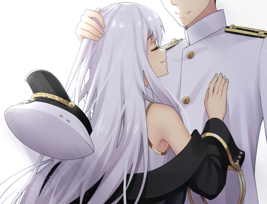 1boy, 1girl, azur_lane, bare_shoulders, black_jacket, blush, closed_eyes, commander_(azur_lane)