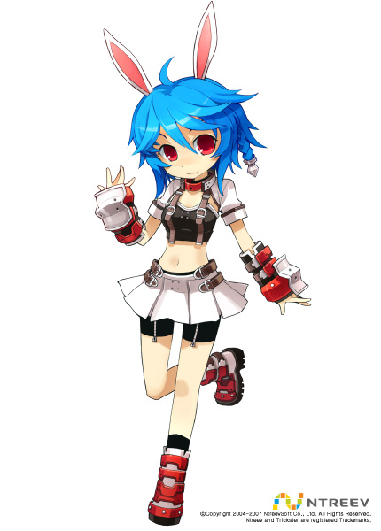 armcho, bike_shorts, blue_hair, boots, braid, bunny_(trickster), bunny_ears, fingerless_gloves