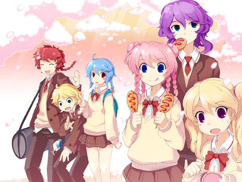 bad_id, blonde_hair, blue_eyes, braid, buffalo_(trickster), bunny_(trickster), cat_(trickster), cherry_blossoms, dragon_(trickster), everyone, food, green_eyes, lion_(trickster), lowres, open_mouth, petals, pink_hair, purple_eyes, purple_hair, quad_tails, red_eyes, red_hair, redhead, school_uniform, sheep_(trickster), skirt, tongue, trickster, violet_eyes