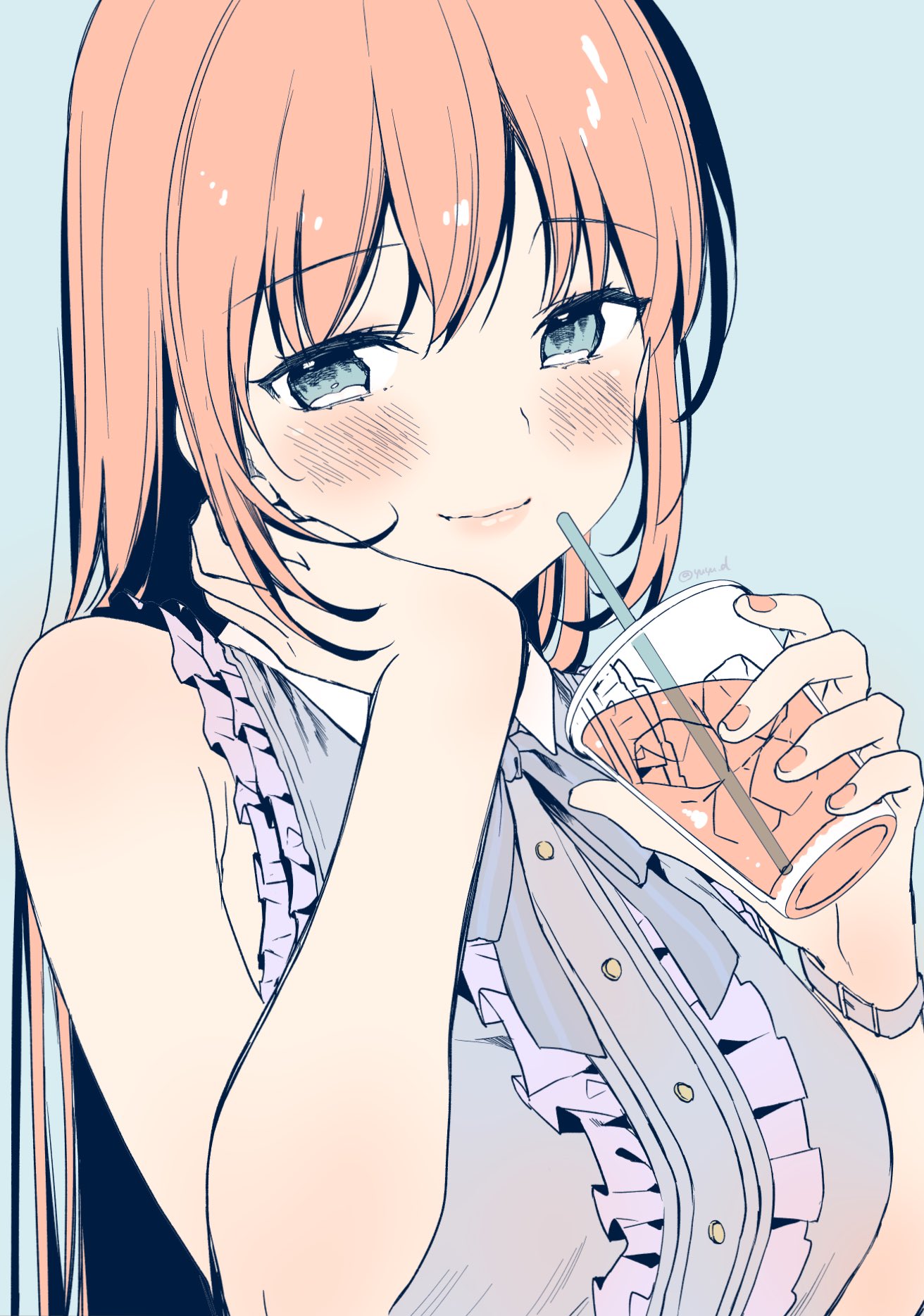 1girl, armpit_peek, bangs, bare_arms, blue_bow, blue_frills, blue_neckwear, blue_shirt