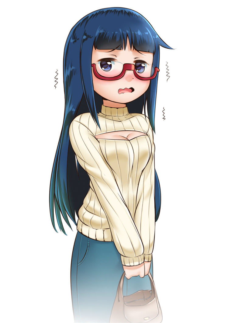 1girl, bag, bangs, blue_eyes, blue_hair, blunt_bangs, burakku-ra, denim