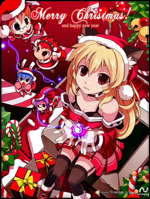 armcho, blonde_hair, buffalo_(trickster), bunny_(trickster), cat_(trickster), cat_ears, chibi, christmas
