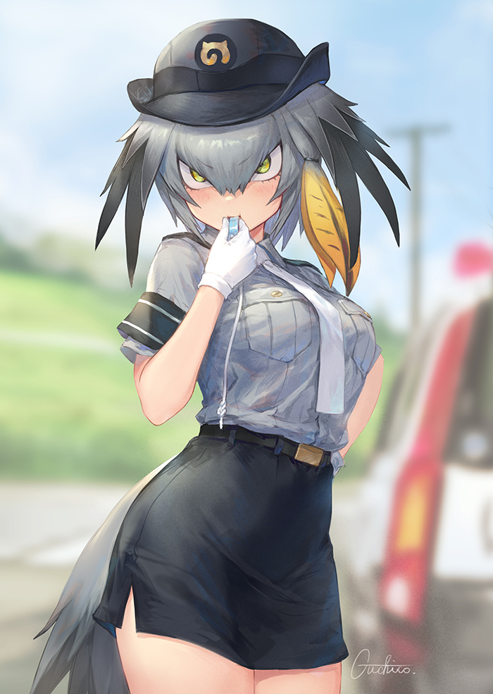 1girl, alternate_costume, artist_name, belt, bird_tail, bird_wings, black_skirt, blonde_hair