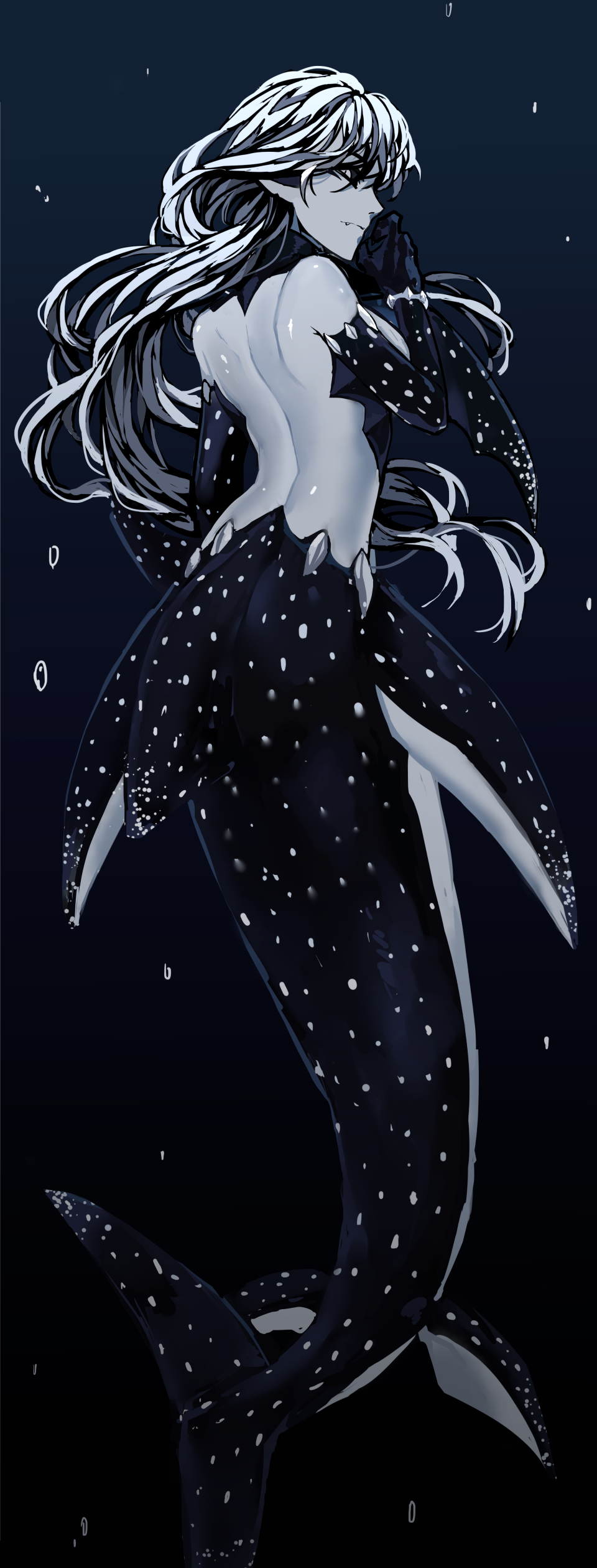1girl, absurdres, air_bubble, bare_back, bare_shoulders, black_sclera, bubble, fang