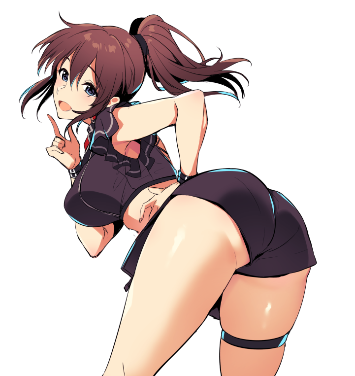 1girl, ass, bangs, bent_over, black_scrunchie, black_shirt, black_shorts, blue_eyes