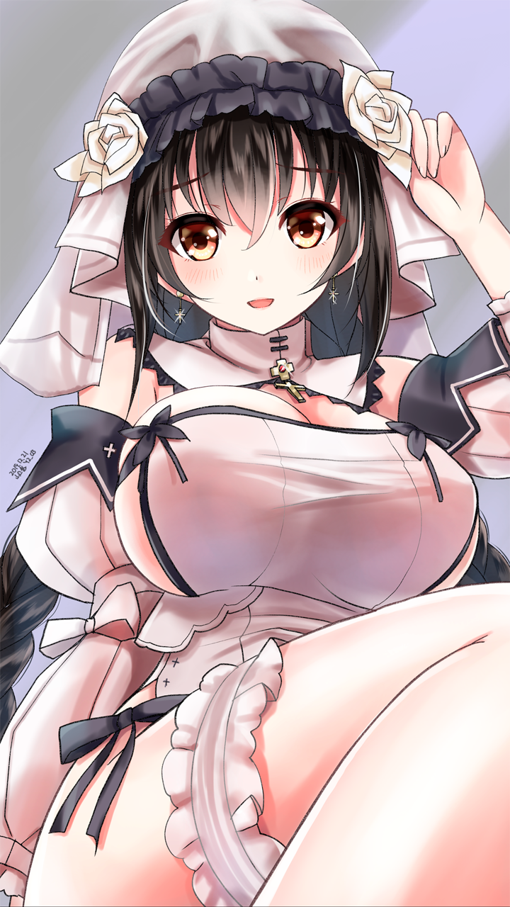 1girl, bangs, black_hair, blush, braid, breasts, bridal_veil, brown_eyes, dated, detached_sleeves, earrings, eyebrows_visible_through_hair, flower, grey_background, highres, jewelry, large_breasts, lavien_(sinisister), long_hair, sideboob, sidelocks, sinisister, smile, solo, thigh_strap, twin_braids, veil, white_flower, yamaguchi_yuu