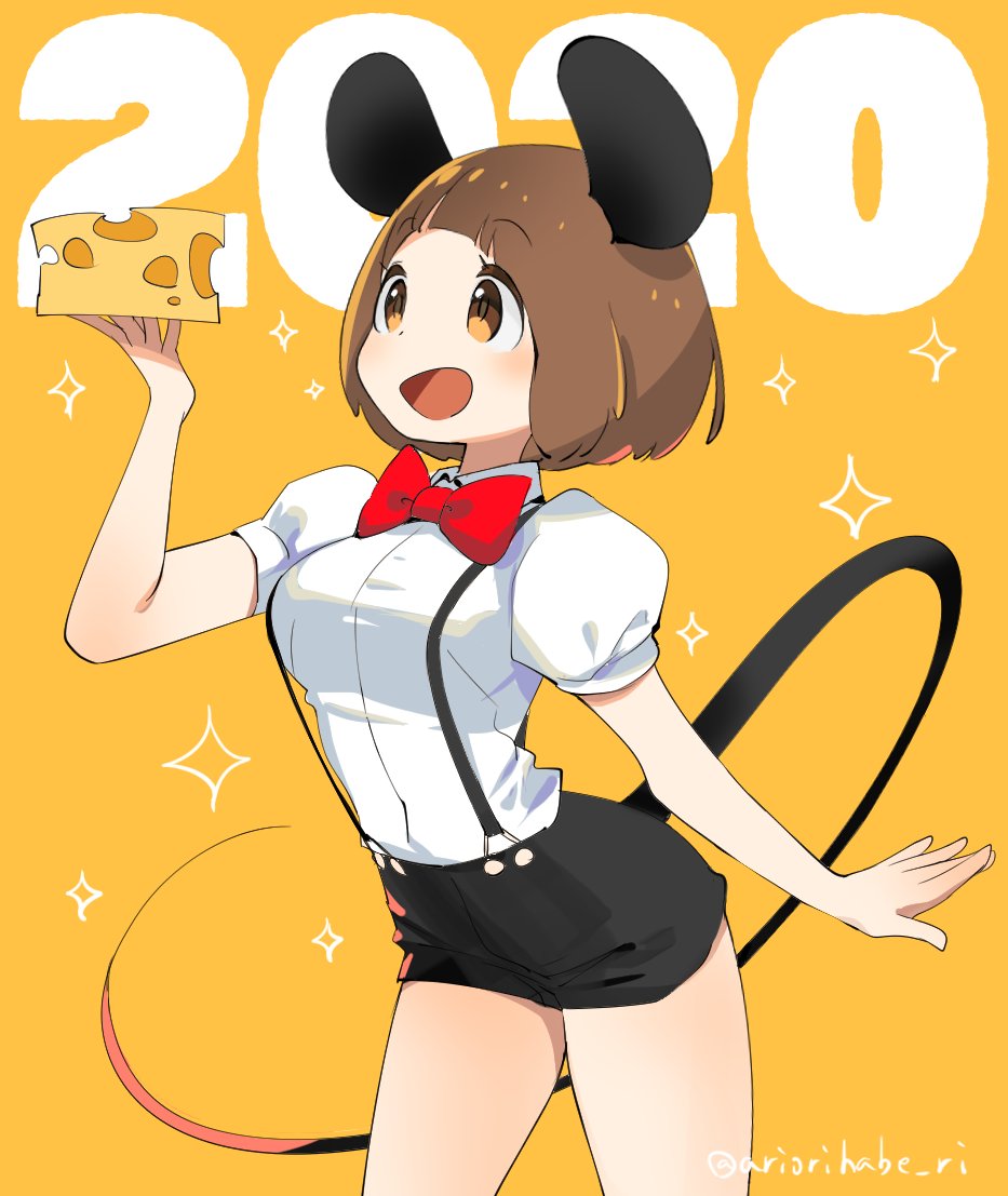 1girl, 2020, :d, animal_ears, ariorihaberi, background_text, black_shorts, bob_cut, bow, bowtie, brown_eyes, brown_hair, cheese, chinese_zodiac, collared_shirt, commentary, cowboy_shot, eyebrows_visible_through_hair, fake_animal_ears, fake_tail, food, holding, holding_food, kill_la_kill, leaning_forward, mankanshoku_mako, mouse_ears, mouse_tail, open_mouth, orange_background, puffy_short_sleeves, puffy_sleeves, red_neckwear, shirt, short_hair, short_shorts, short_sleeves, shorts, simple_background, smile, solo, sparkle, standing, suspender_shorts, suspenders, tail, twitter_username, white_shirt, year_of_the_rat