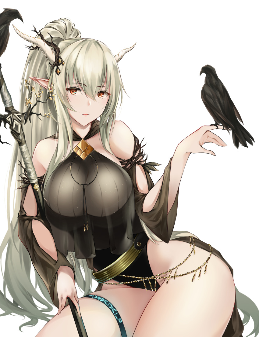 1girl, absurdres, arknights, artist_name, bare_legs, bare_tree, bird, bird_on_finger, black_swimsuit, breasts, closed_mouth, commentary, crow, dated, demon_horns, eyebrows_visible_through_hair, hair_between_eyes, highres, horns, jewelry, large_breasts, light_smile, lips, long_hair, looking_at_viewer, nevven, one-piece_swimsuit, outdoors, pointy_ears, ponytail, red_eyes, shining_(arknights), silver_hair, simple_background, sitting, smile, solo, staff, swimsuit, thick_thighs, thigh_strap, thighs, tree, white_background