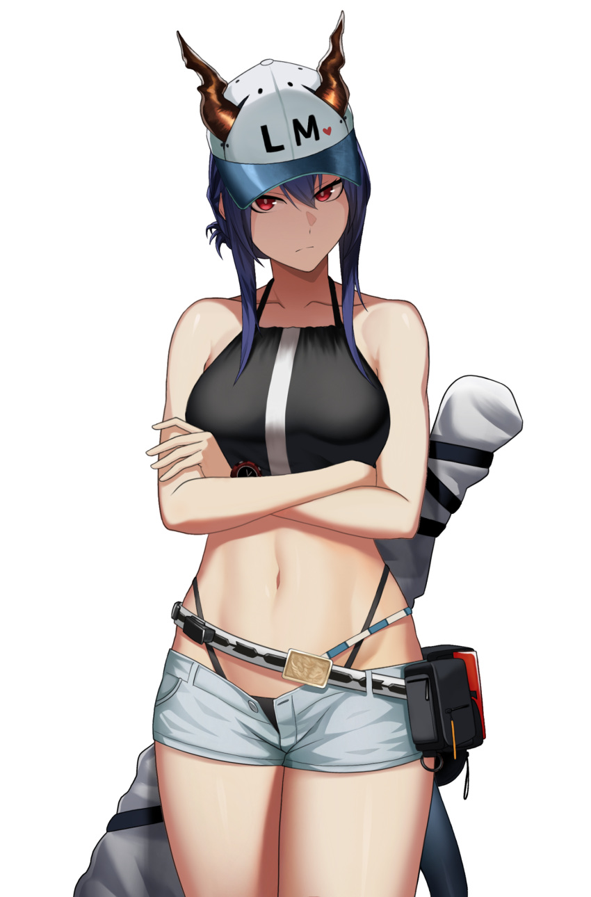 1girl, absurdres, arknights, bangs, bare_arms, bare_shoulders, baseball_cap, belt