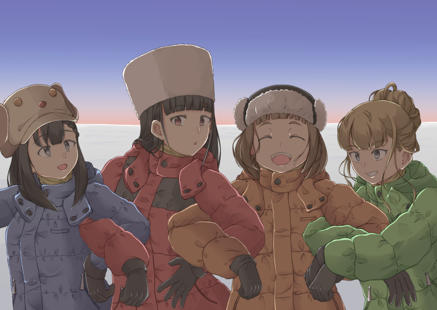 4girls, :d, bangs, black_gloves, black_hair, blunt_bangs, brown_eyes, brown_hair