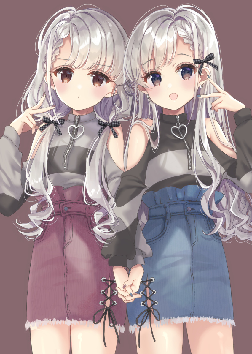 2girls, absurdres, argyle_bow, bangs, bare_shoulders, black_bow, black_shirt, blue_skirt