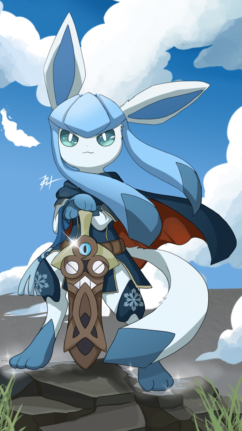 2others, blue_dress, blue_sky, cape, closed_mouth, clothed_pokemon, clouds, cloudy_sky