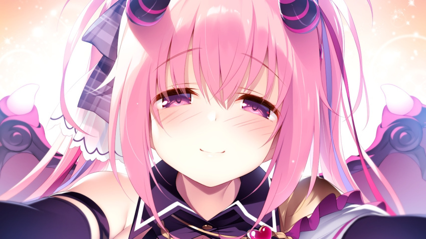 1girl, anneliese, blush, close-up, demon_girl, demon_horns, demon_wings, eyebrows_visible_through_hair