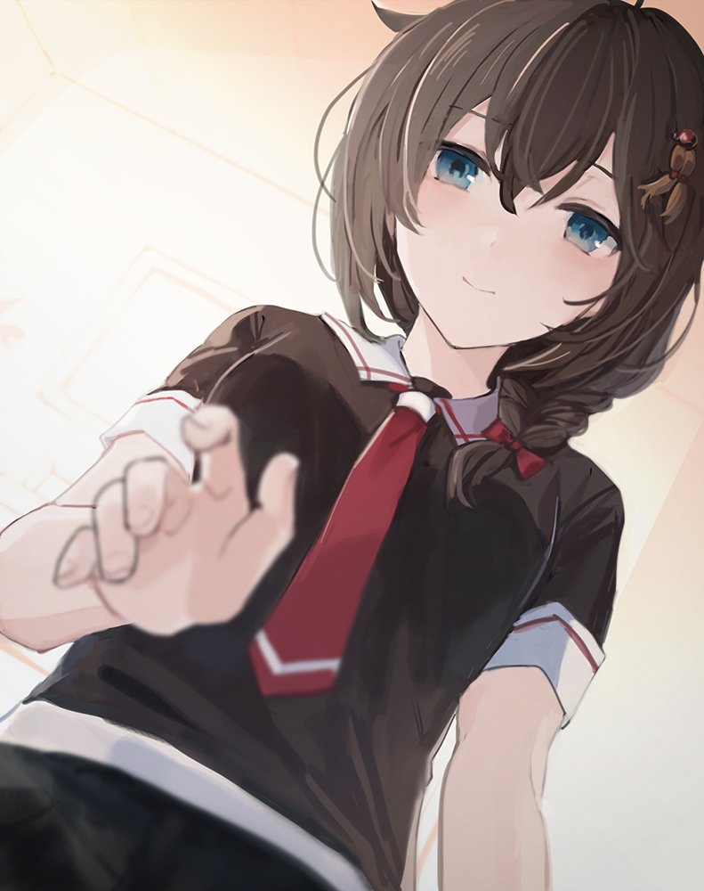 1girl, ahoge, blue_eyes, braid, brown_hair, eyebrows_visible_through_hair, hair_between_eyes, hair_flaps, kantai_collection, long_hair, remodel_(kantai_collection), sha_(isago), shigure_(kantai_collection), single_braid, solo