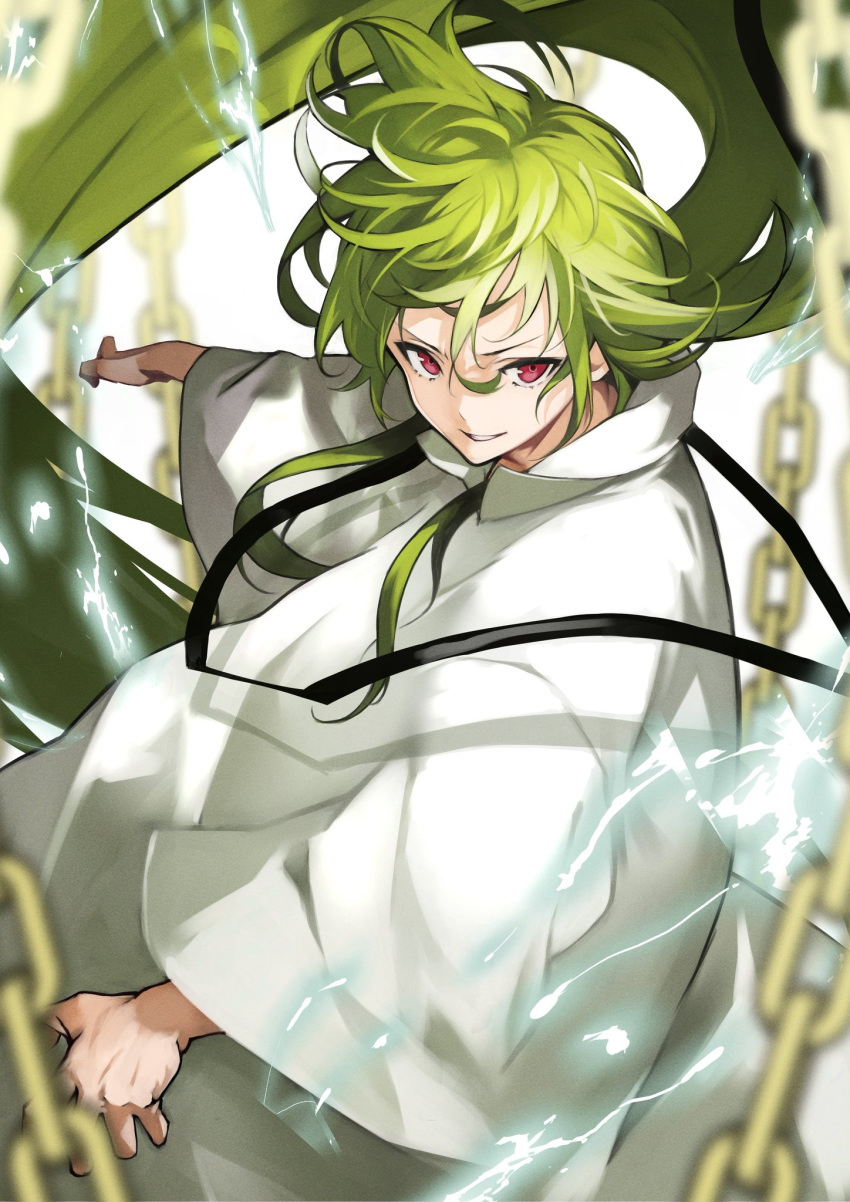 1other, androgynous, bangs, chain, enkidu_(fate/strange_fake), fate/grand_order, fate_(series), fighting_stance, green_hair, highres, kingu_(fate), lightning, long_hair, long_sleeves, looking_at_viewer, otoko_no_ko, red_eyes, robe, shiny, shiny_hair, smile, smirk, very_long_hair, yoshio_(55level)