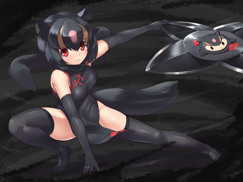 1girl, animal_ears, bangs, bare_shoulders, black_dress, black_footwear, black_gloves, black_hair