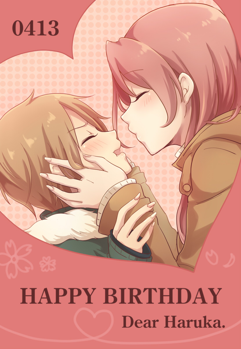 2girls, bangs, birthday, blonde_hair, blush, closed_eyes, eyebrows_visible_through_hair, fur-trimmed_jacket