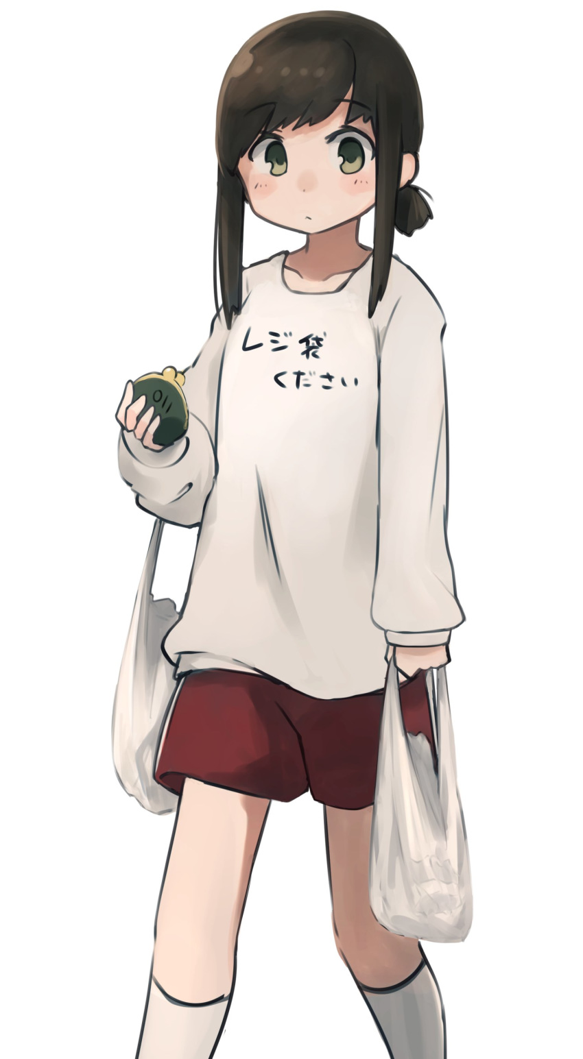 1girl, absurdres, bag, black_hair, blush, clothes_writing, collarbone, eyebrows_visible_through_hair