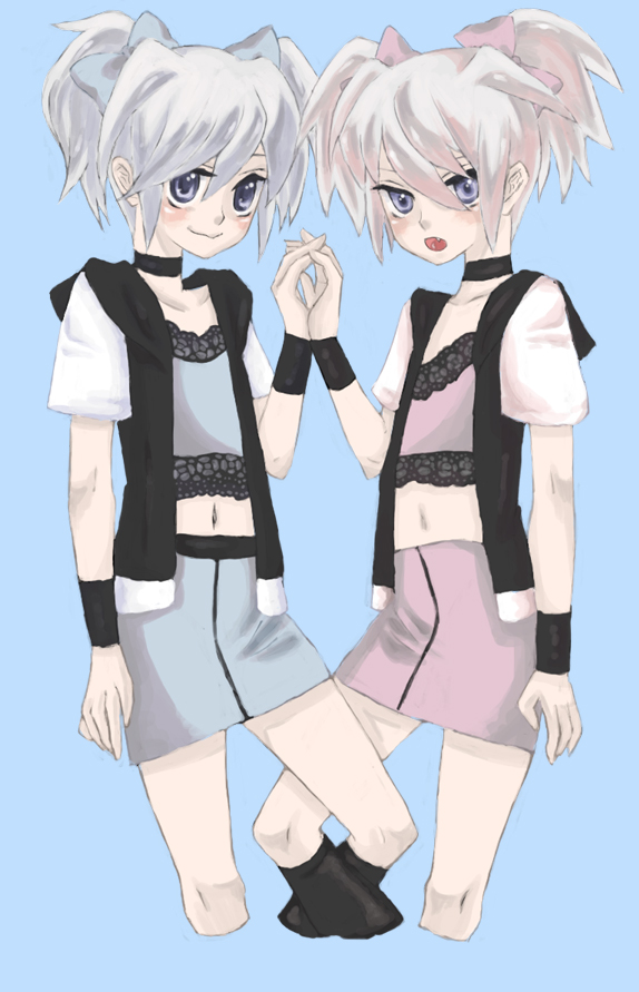 blue_eyes, choker, flat_chest, hand_holding, holding_hands, midriff, mksm, multiple_girls