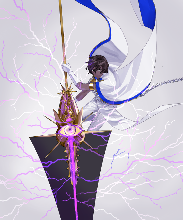 1boy, alternate_weapon, arjuna_(fate/grand_order), bangs, black_eyes, bluespeaker, brown_hair, cloak