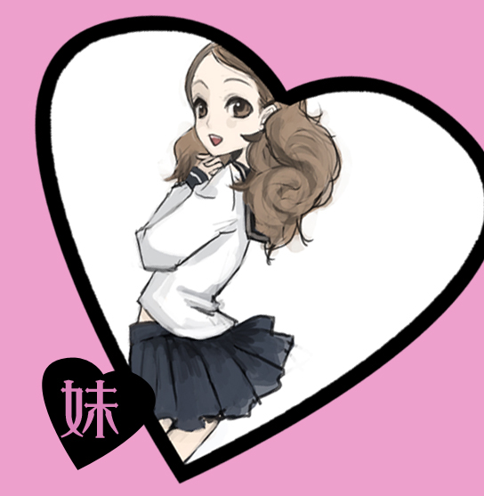 <3, brown_eyes, brown_hair, heart, long_hair, mksm, school_uniform, skirt