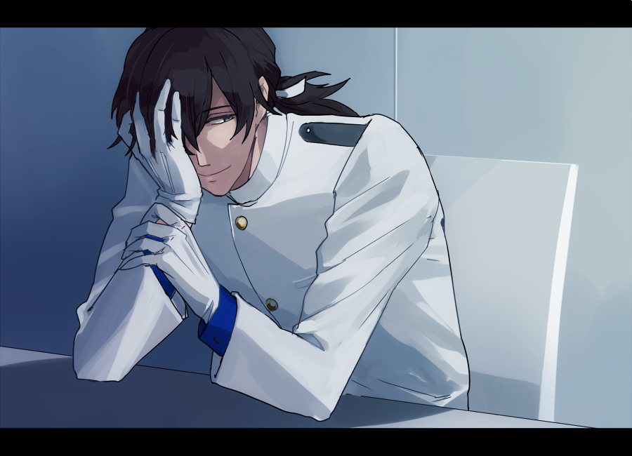 1boy, bangs, black_border, black_eyes, black_hair, bluespeaker, border, close-up