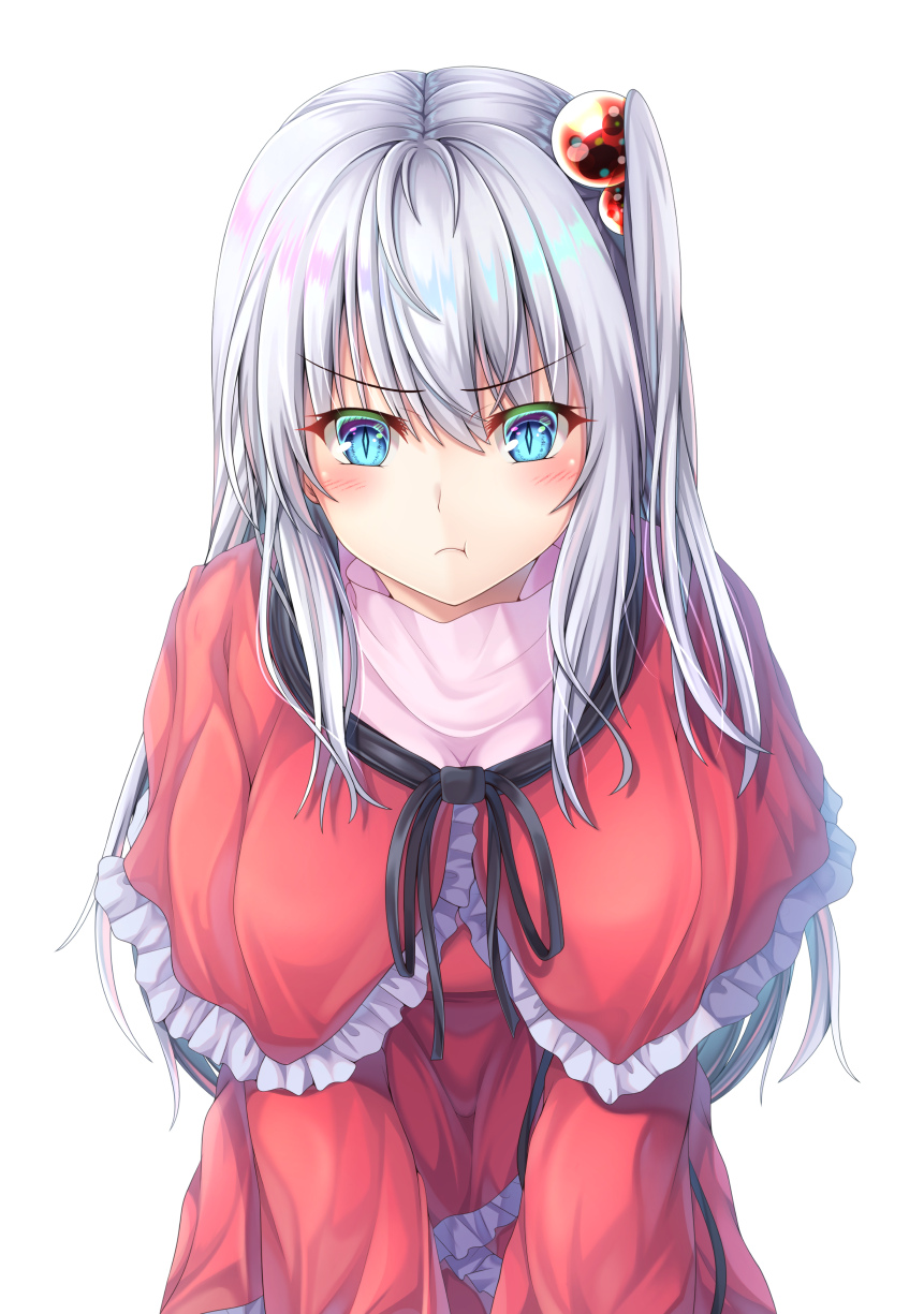 1girl, :t, blue_eyes, blush, closed_mouth, eyebrows_visible_through_hair, hair_bobbles, hair_ornament