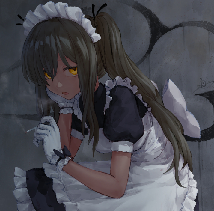 1girl, alternate_costume, black_bow, bow, brown_hair, cigarette, dark_skin, enmaided