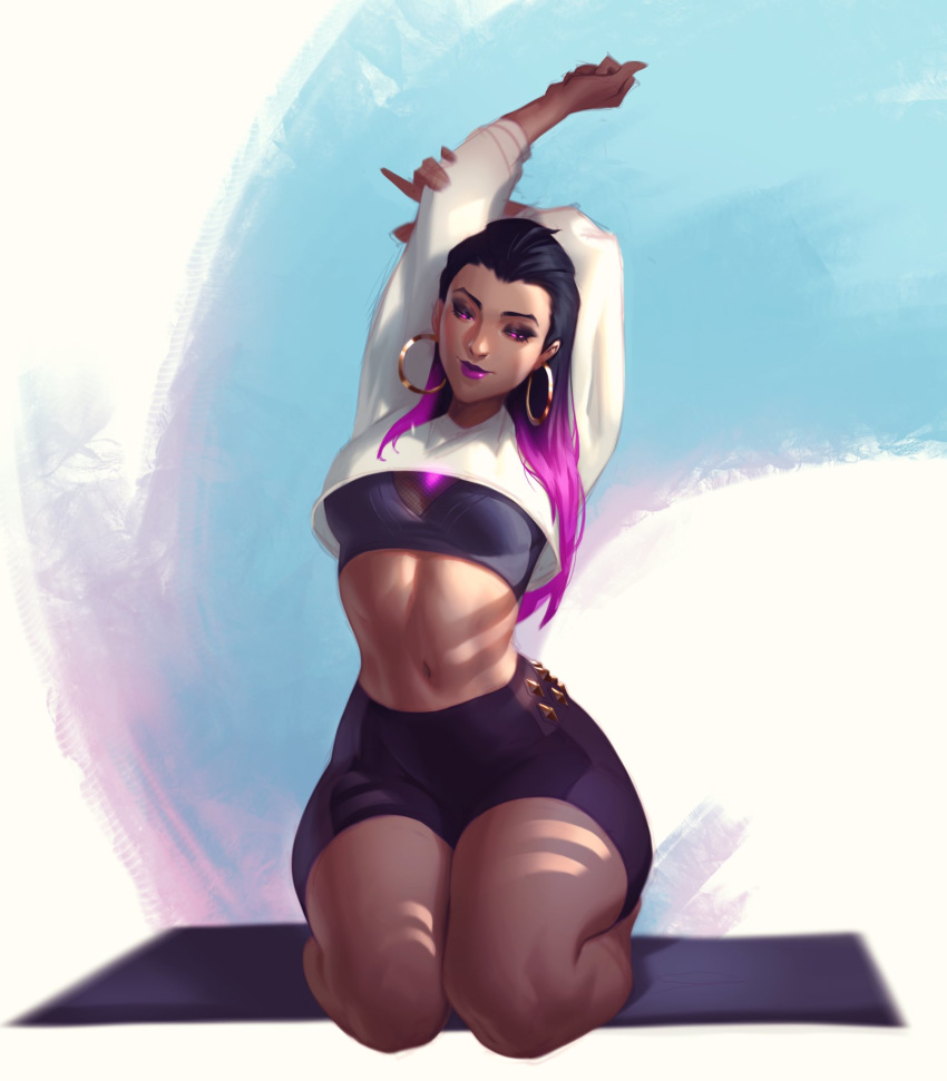 1girl, arms_behind_head, arms_up, black_hair, breasts, commentary, dark_skin, earrings, gradient_hair, highres, hoop_earrings, jeremy_anninos, jewelry, lips, lipstick, looking_down, makeup, midriff, multicolored_hair, navel, purple_hair, reyna_(valorant), seiza, shorts, sitting, solo, thick_thighs, thighs, valorant, violet_eyes