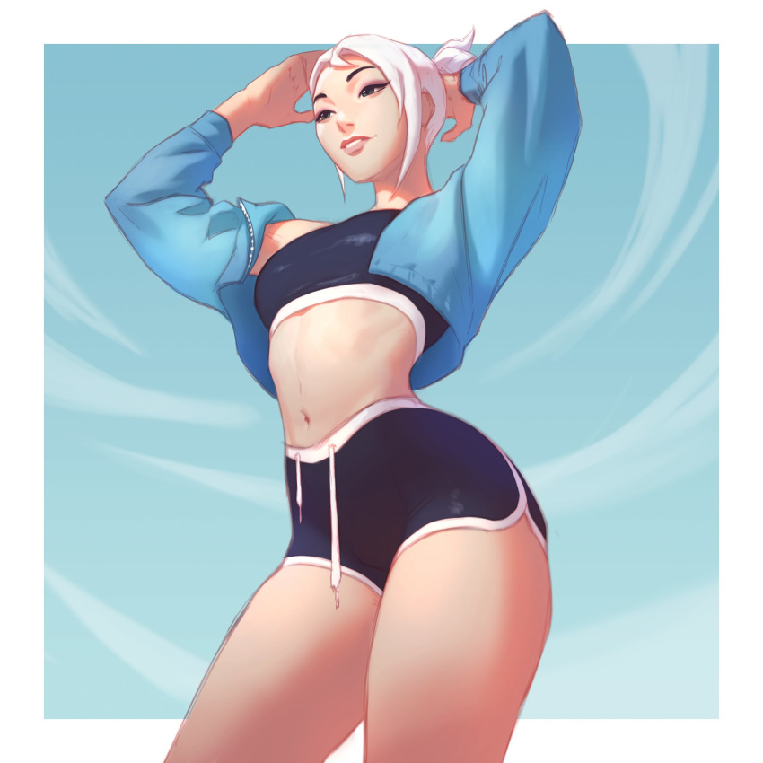 1girl, arms_up, blue_background, blue_jacket, breasts, commentary, green_eyes, highres