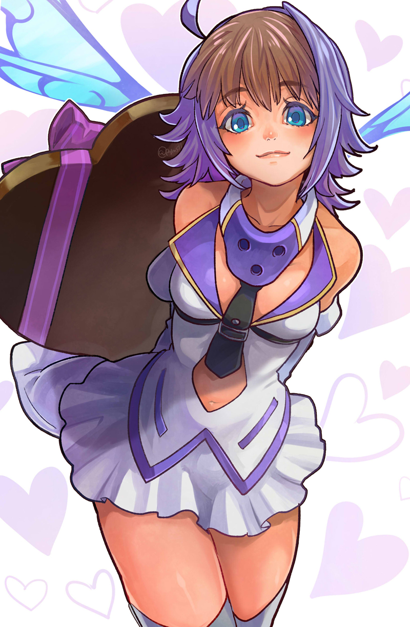 ahoge, blue_eyes, box, breasts, brown_hair, commentary_request, cowboy_shot, detached_sleeves