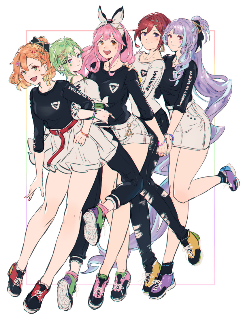 5girls, :d, alternate_costume, alternate_hairstyle, blue_eyes, bow, bracelet, breasts