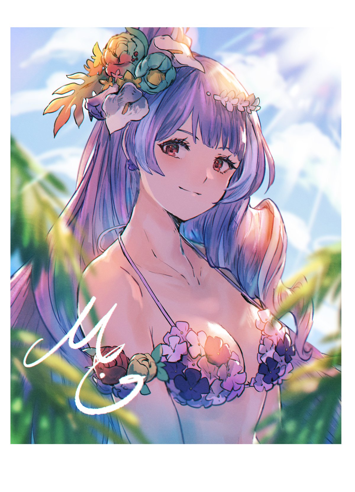 1girl, bangs, bikini, flower, flower_armlet, flower_bikini, hair_flower, hair_ornament