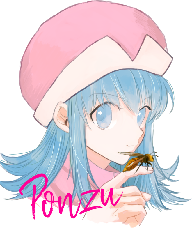 0waaa, 1girl, bee, blue_eyes, blue_hair, bug, character_name, hat