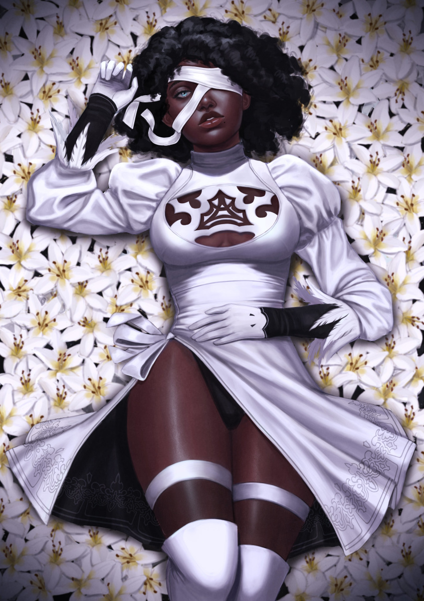 1girl, absurdres, alternate_color, alternate_hairstyle, black_hair, blindfold, blue_eyes, breasts