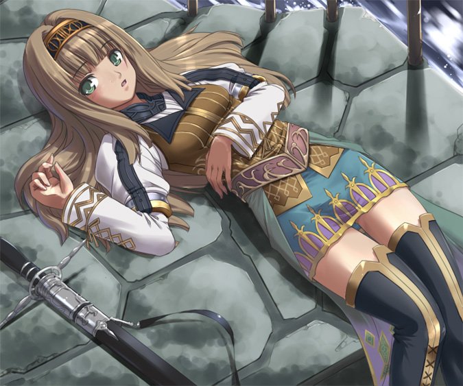 alicia, bad_id, boots, brown_hair, green_eyes, hairband, hijiri, lying