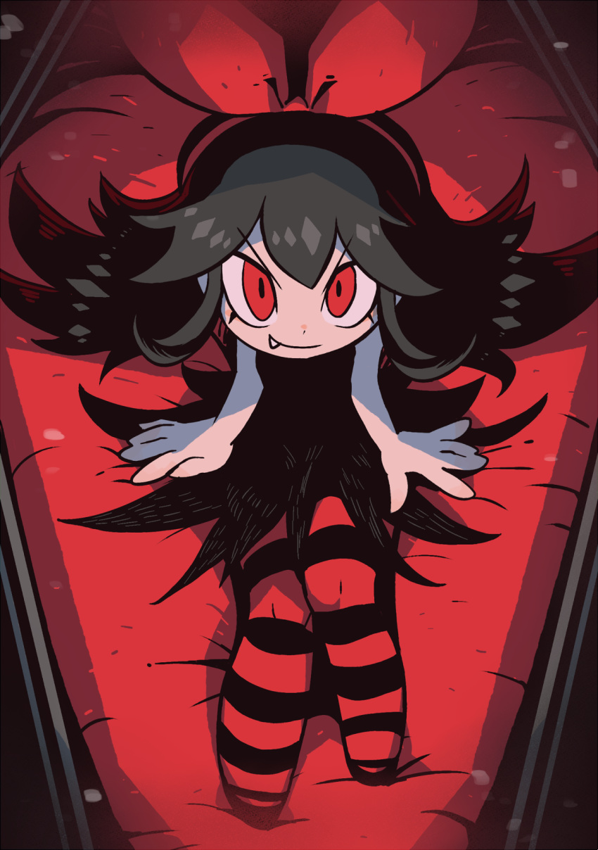>:), 1girl, black_dress, black_hair, coffin, dress, fang, highres