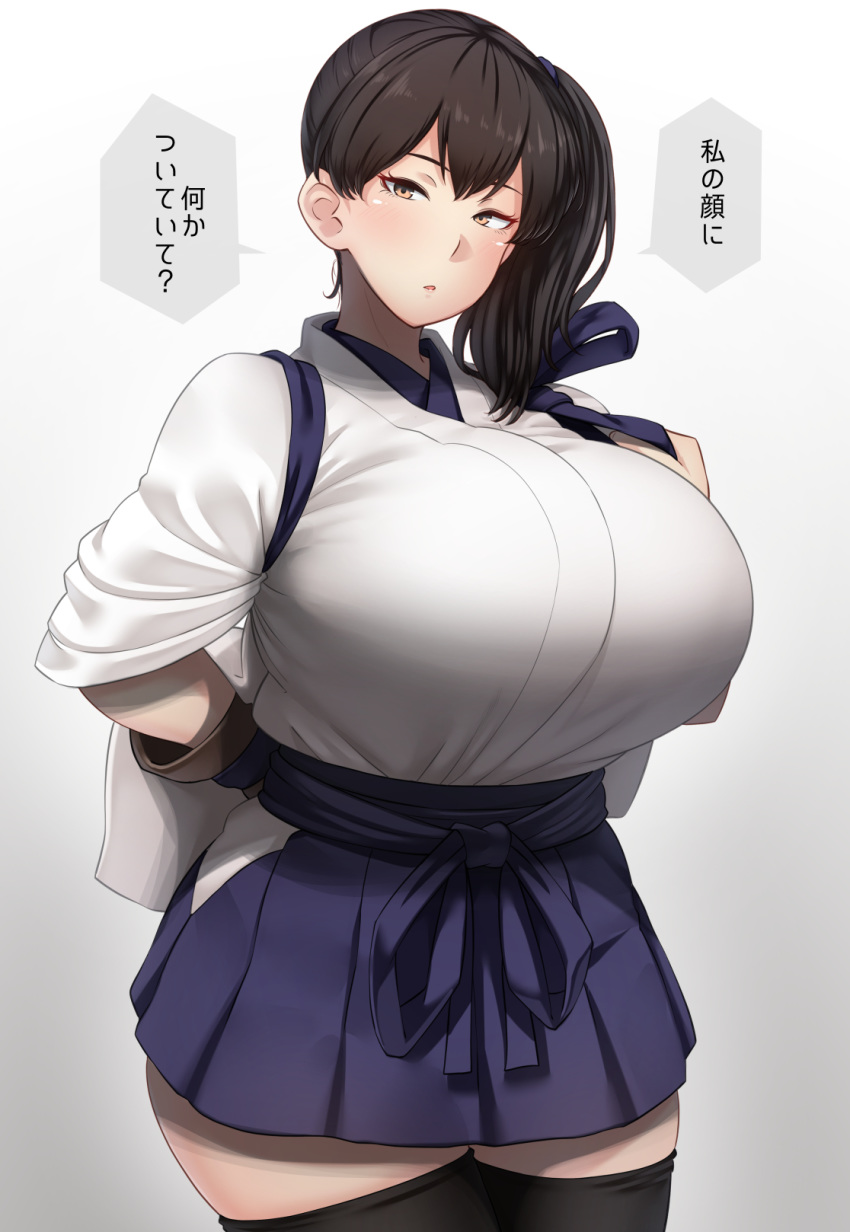 1girl, arms_behind_back, blue_hakama, blush, breasts, brown_eyes, brown_hair, eyebrows_visible_through_hair