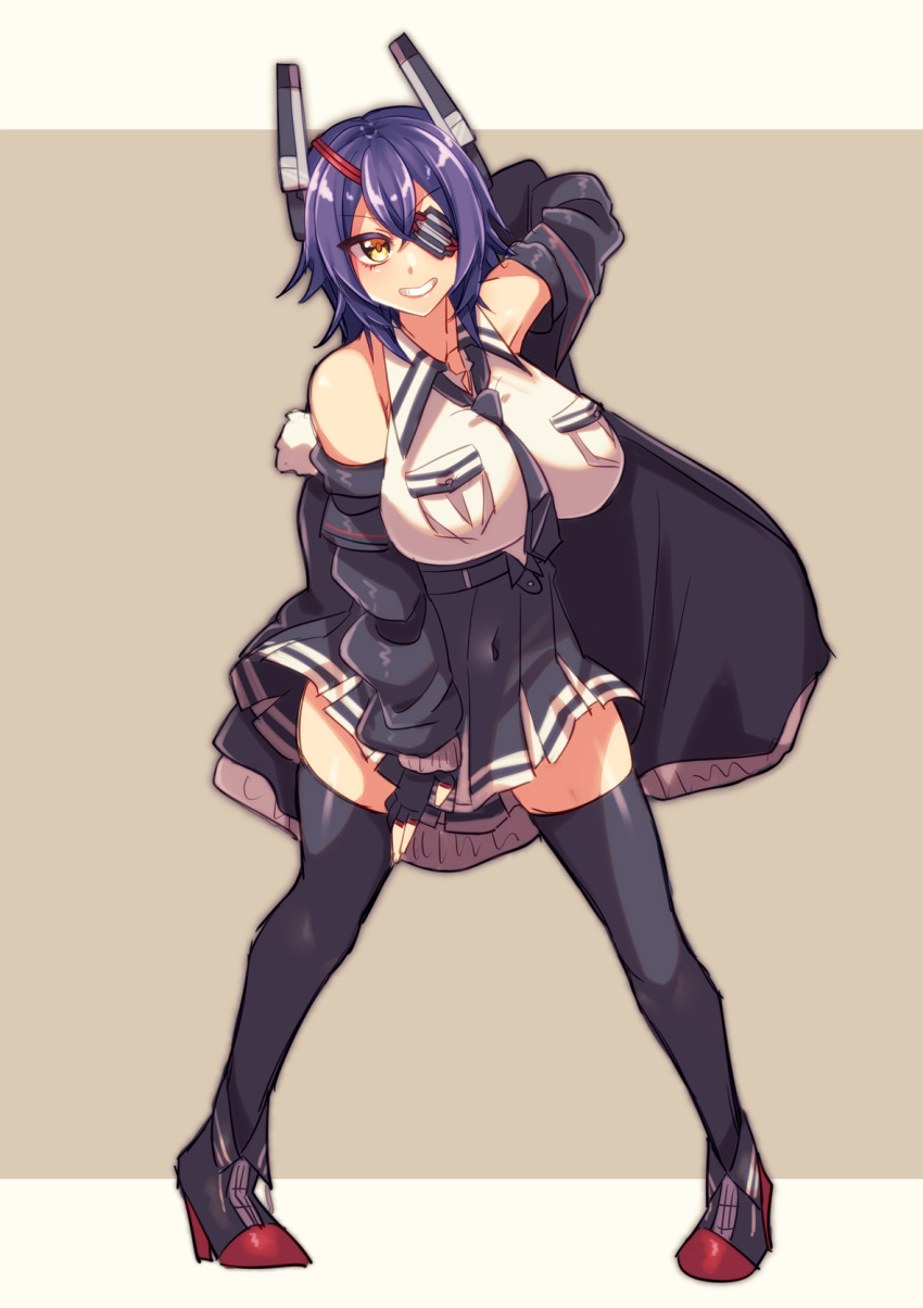 1girl, black_gloves, black_jacket, black_legwear, black_skirt, breast_pocket, breasts, checkered, checkered_neckwear, commentary_request, eyepatch, gloves, grin, headgear, highres, jacket, kantai_collection, large_breasts, leaning_forward, looking_at_viewer, necktie, open_clothes, open_jacket, partly_fingerless_gloves, pleated_skirt, pocket, purple_hair, remodel_(kantai_collection), short_hair, skirt, sleeveless, smile, solo, standing, tenryuu_(kantai_collection), thigh-highs, yellow_eyes, yuudadou