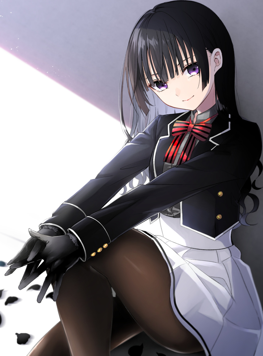 1girl, absurdres, bangs, black_gloves, black_hair, black_jacket, blazer, bow