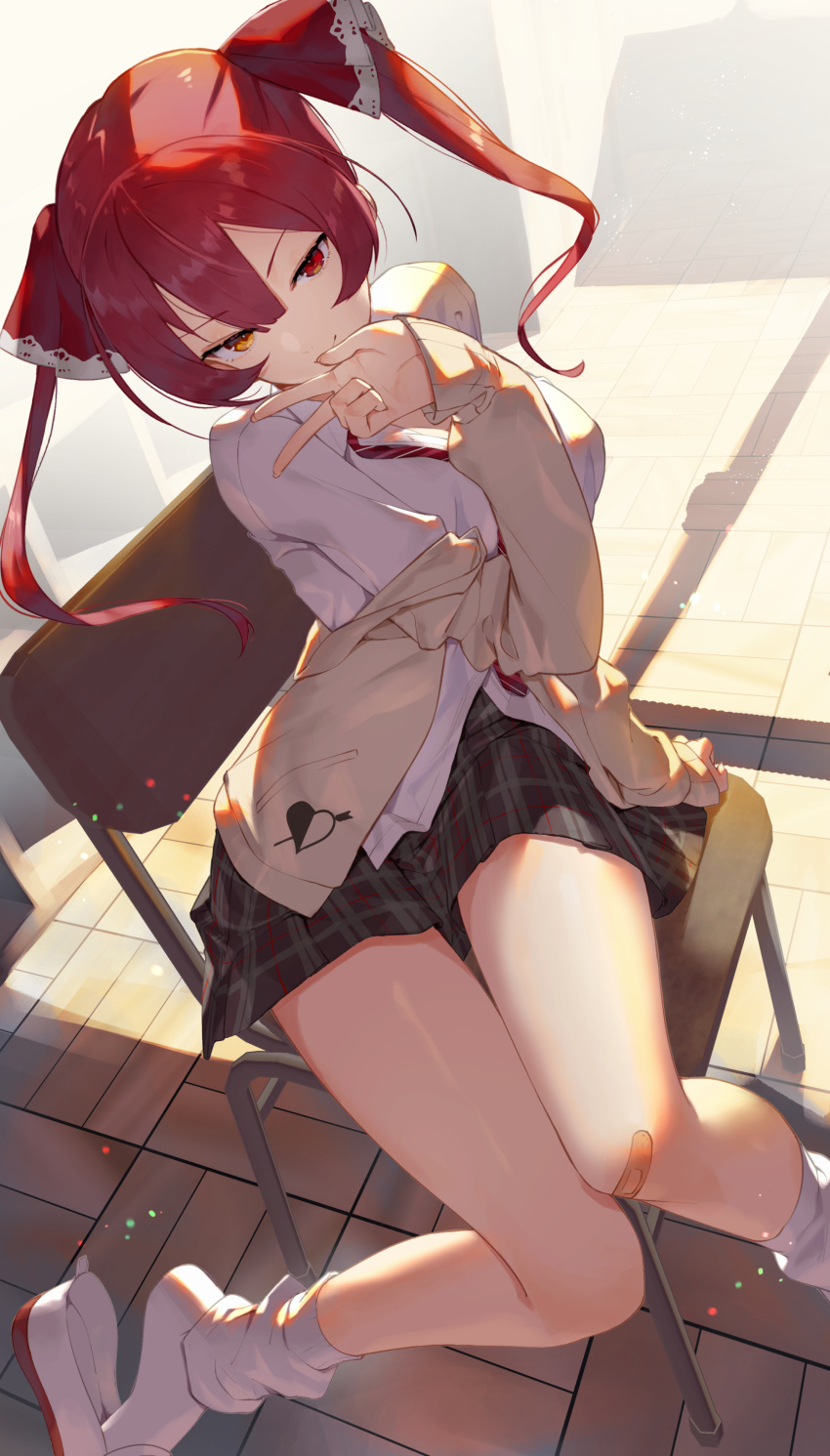 1girl, absurdres, backlighting, bandaid, bandaid_on_knee, bangs, beige_cardigan, breasts