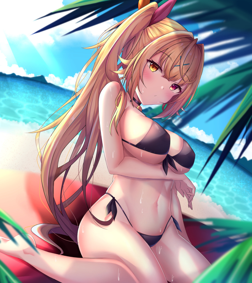 1girl, beach, bikini, black_bikini, blonde_hair, blue_sky, blurry, breasts
