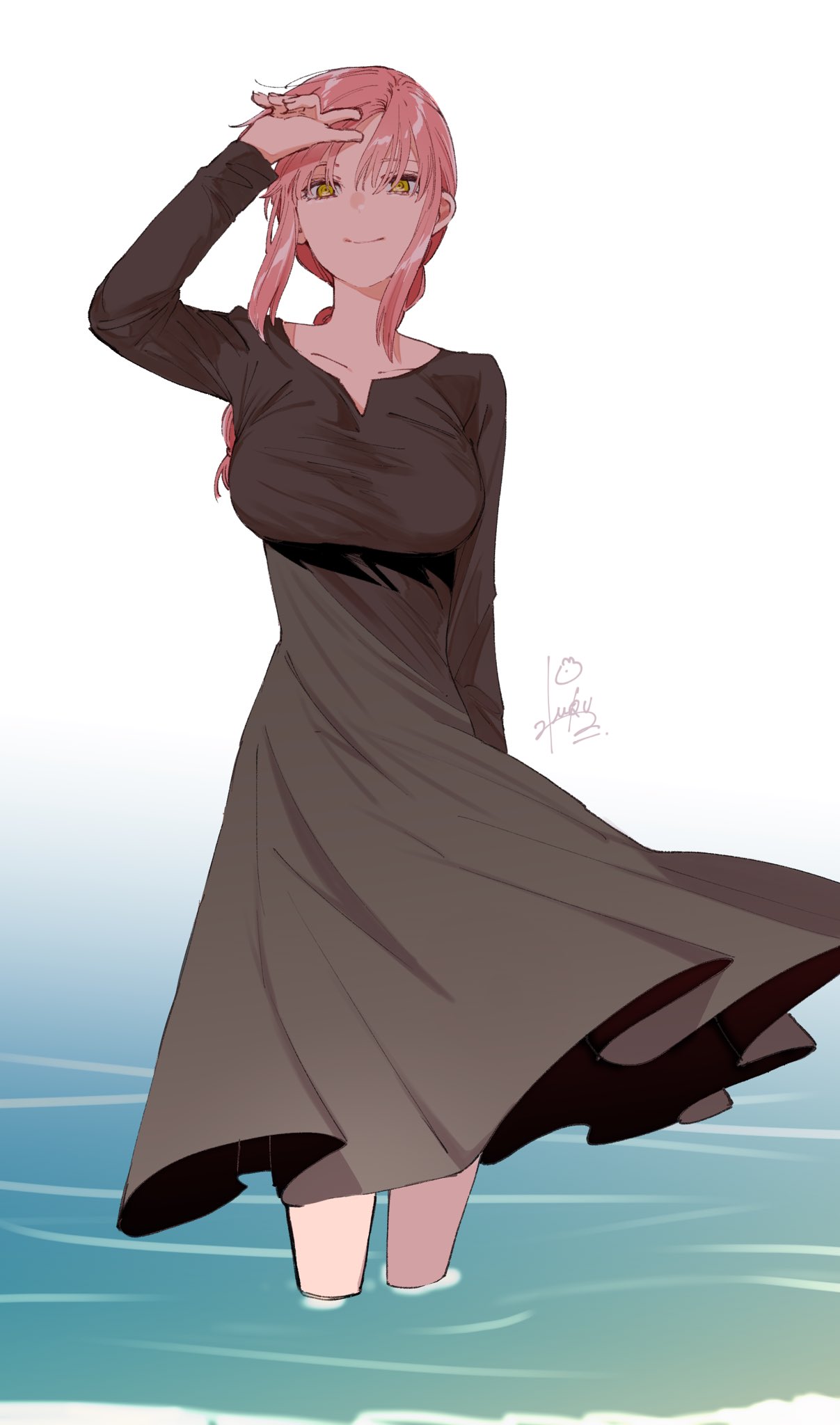 1girl, adachi_imaru, arm_at_side, arm_up, bangs, black_dress, braid, braided_ponytail