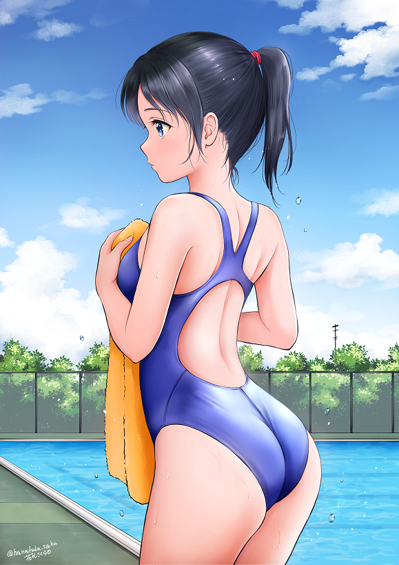 1girl, artist_name, ass, back_cutout, black_hair, blue_eyes, blue_sky, blue_swimsuit, bush, chain-link_fence, clouds, commentary_request, competition_swimsuit, cowboy_shot, day, fence, hanafuda_sakura, long_hair, one-piece_swimsuit, orange_towel, original, ponytail, pool, profile, sky, solo, swimsuit, twitter_username