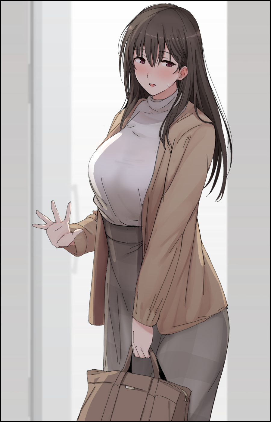 1girl, arm_at_side, bag, black_hair, blush, breasts, brown_coat, brown_eyes, coat, eyebrows_visible_through_hair, grey_skirt, hair_between_eyes, handbag, heart, highres, holding, holding_bag, huge_breasts, long_hair, long_skirt, long_sleeves, looking_to_the_side, mature, mobu, monochrome_background, open_clothes, open_coat, open_mouth, original, pullover, skirt, solo, speech_bubble, sweat, sweatdrop, very_long_hair, waving
