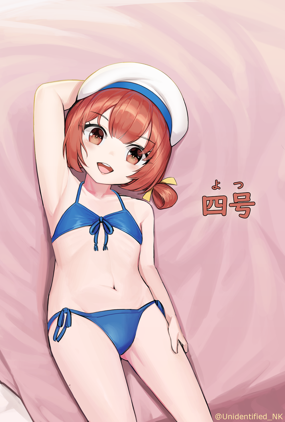 1girl, arm_up, armpits, bikini, blue_bikini, blush, brown_eyes, eyebrows_visible_through_hair, flat_chest, hair_between_eyes, hat, highres, himitsu_neko, kaiboukan_no.4_(kantai_collection), kantai_collection, looking_at_viewer, lying, navel, on_back, on_bed, open_mouth, sailor_hat, short_hair, smile, solo, swimsuit, white_headwear